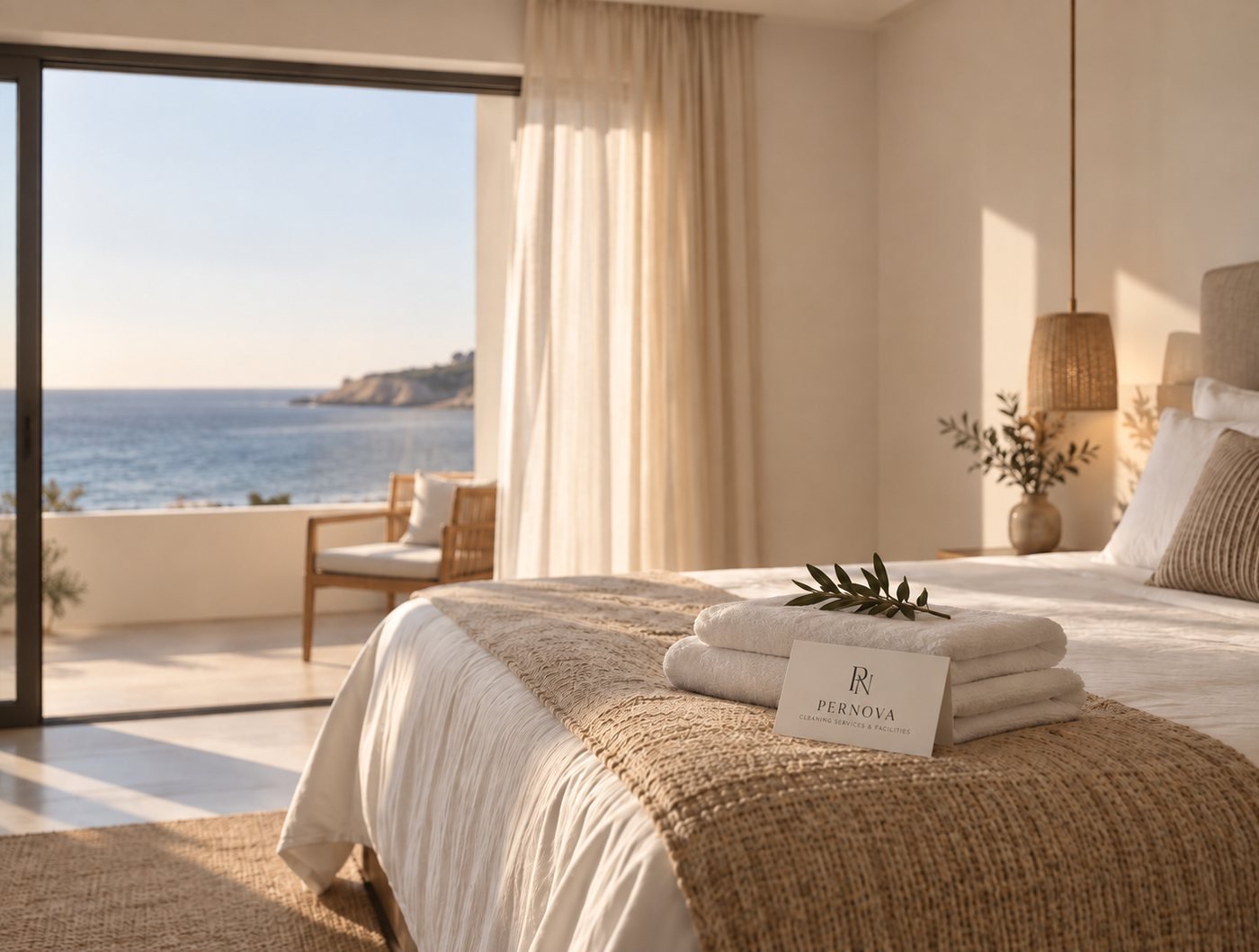 Quarto de propriedade de alojamento local preparado, com vista para o mar, pronto para receber hóspedes